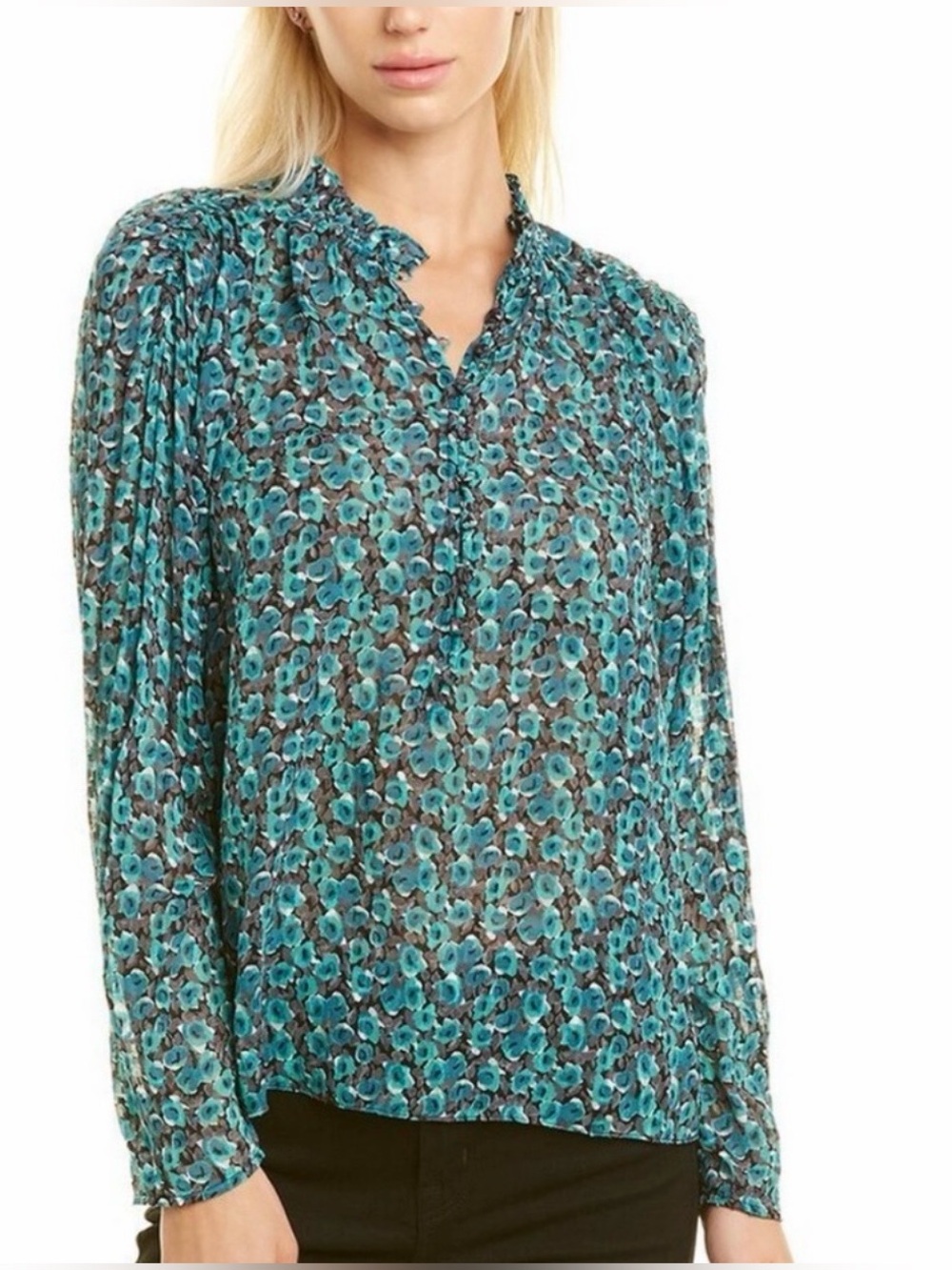 Rebecca Taylor Climbing Rose Sheer Ruffled Neckline Floral Blouse